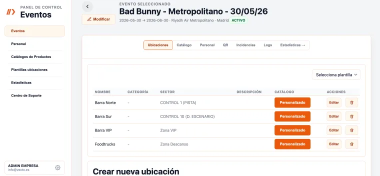 Panel web de Vexto creando un nuevo evento